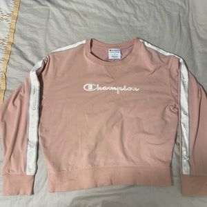 Champion light pink white logo long sleeve pullover slightly cropped large